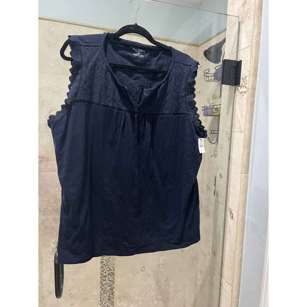 Talbots Blouse Womens 3XP Navy Blue Cotton Crochet Eyelet Ruffle V Neck New